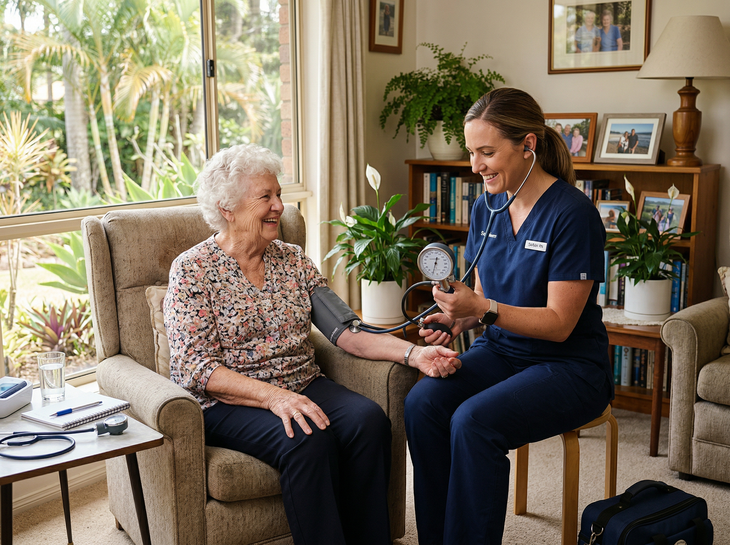 Registered nurse taking blood pressure of a smiling elderly woman in a Queensland home