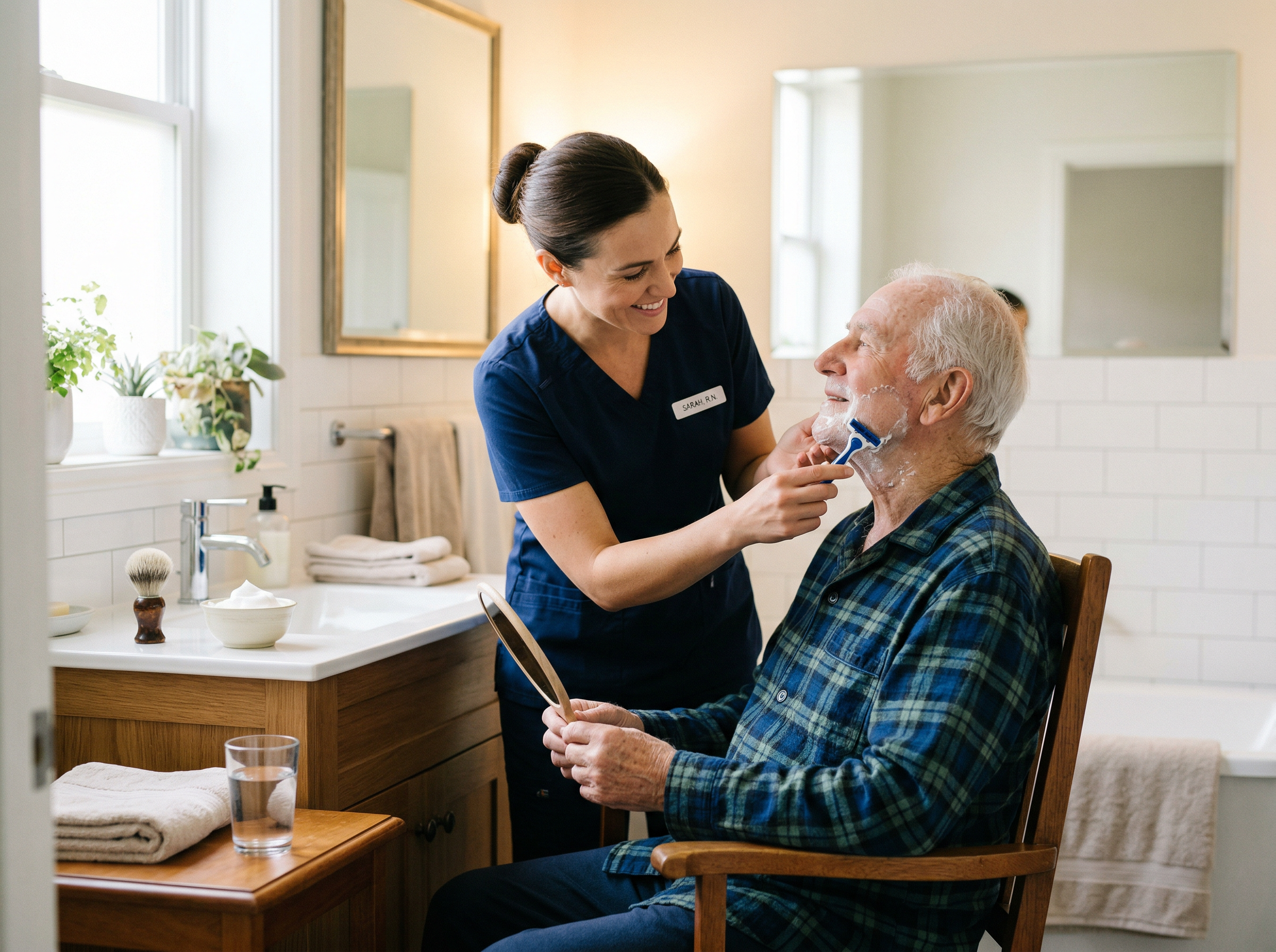 Carer assisting an elderly man with personal grooming in a bright, dignified bathroom setting